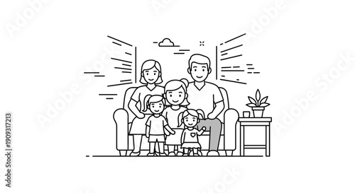 Happy Family Portrait: Parents and Three Daughters Posing Together on Sofa