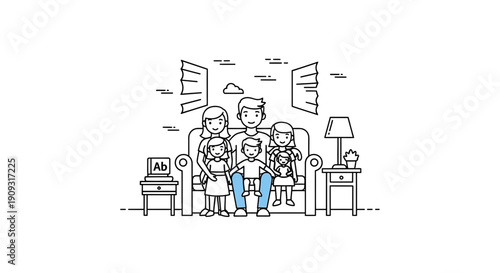 Happy family sitting on sofa, illustration, line art, parents with children, home interior