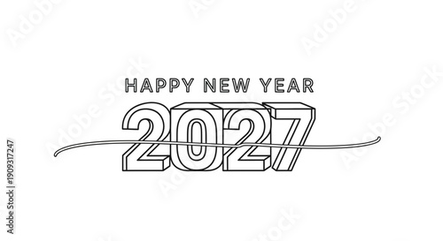 Happy New Year 2027 3D Text Design with Flowing Line - Celebration Concept