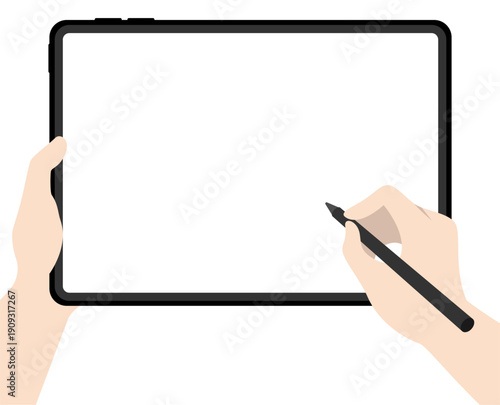 横向きタブレット手で持ってペンで画面を操作する