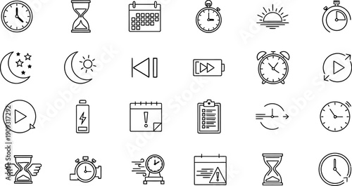 A collection of 20 black and white icons representing time media and navigation concepts