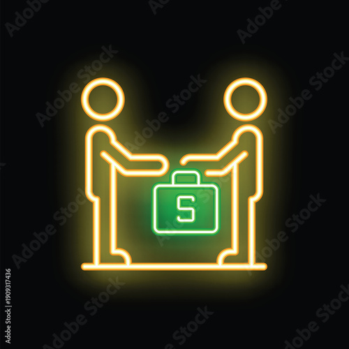 Neon sign of two businessmen making a deal and exchanging a briefcase with a dollar sign on a black background