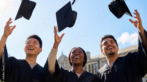 Three diverse graduates in black gowns laughing while tossing mortarboards into the blue sky.