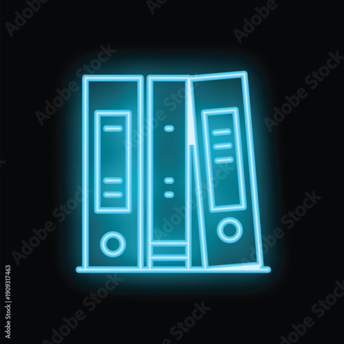 Neon icon of office folders glowing blue against a dark background, symbolizing organization and document management