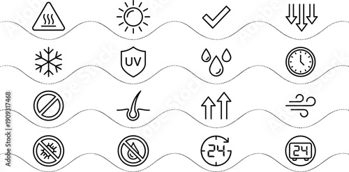 Product instructions, care labels, laundry symbols, and packaging warnings vector line icon set, including sun, heat, UV, humidity, time, and safety