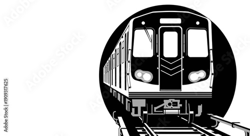 Black and white minimalist vector illustration of a subway train emerging from a tunnel.