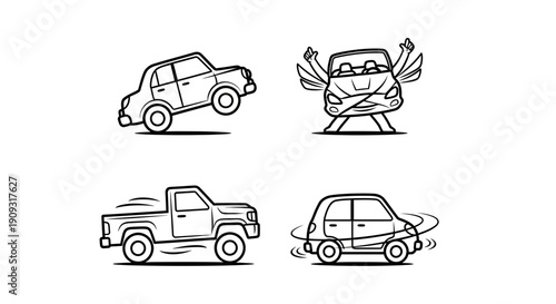 Funny cartoon car icons with different emotions and actions