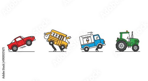 Funny Cartoon Vehicles with Legs: Car, School Bus, Ice Cream Truck, Tractor