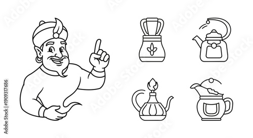 Genie and Magic Items: Lamp, Kettle, Pitcher, Oil Jar Icons