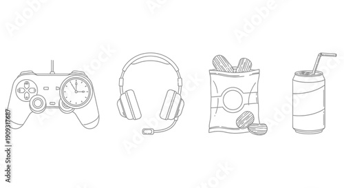Gamer's essentials: Controller, headphones, snacks, and drink, symbolizing gaming lifestyle and leisure time