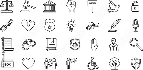 Collection of 25 line icons related to law, business and healthcare