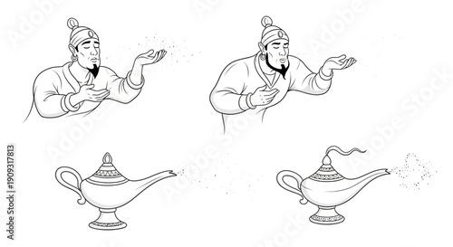 Genie Emerging from Magic Lamp, Arabian Nights Fantasy Illustration