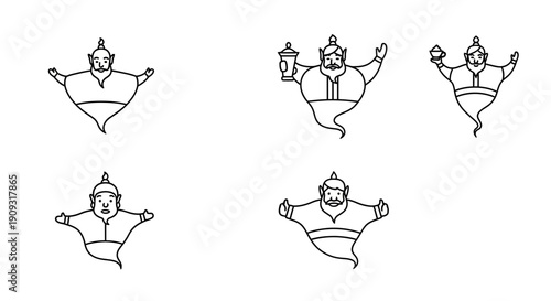 Genie Icons Set: Magical Characters with Lamps and Cups, Outline Vector Illustrations