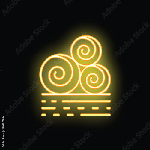 Yellow neon sign depicting three round hay bales sitting on a field, evoking agriculture and farming
