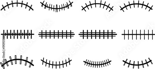Railroad Track and Stitching Outline Icons Set, Including Train Rails, Curving Lines, Straight Paths, Sewing Stitches, and Seam Elements Vector Stock Illustration