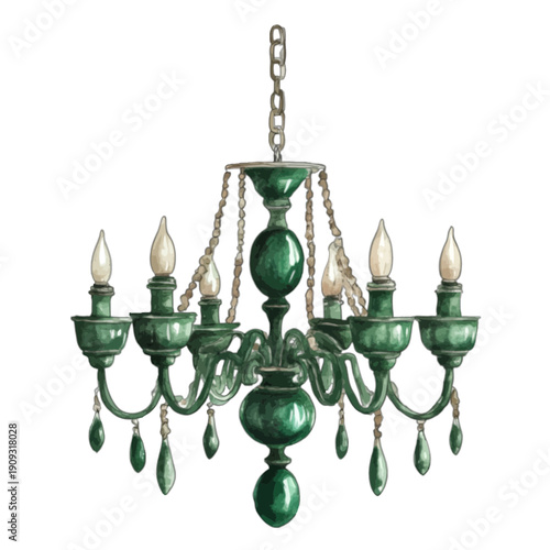 Green vintage chandelier watercolor vector illustration on white background