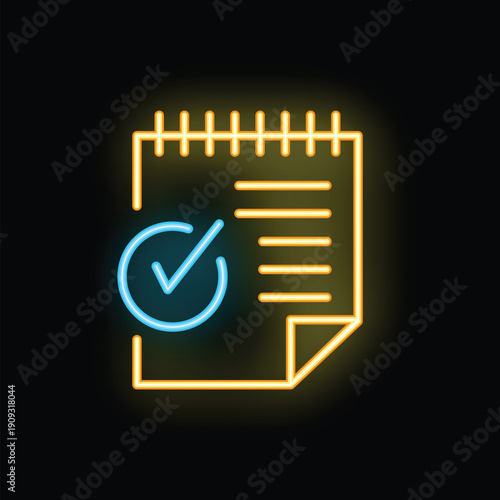 Bright neon icon of a document with check mark representing validation on a dark background