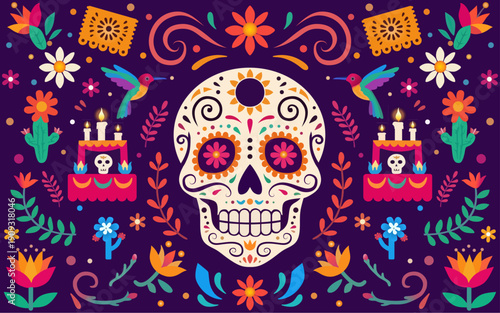Dia de muertos flat pattern illustration, day of the dead background illustration template. Dia de Muertos or day of the dead horizontal banner illustration