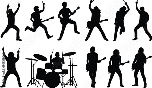 Rock musicians silhouettes illustration, guitarists in energetic poses, drummer with drum set, live concert performance, expressive stage entertainment, music ensemble concept