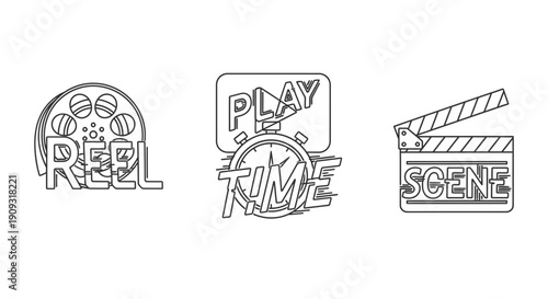 Film Icons: Reel, Play Time, Scene - Vintage Cinema Symbols
