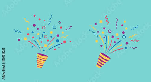 Festive Confetti Poppers Exploding with Colorful Streamers and Stars on Teal Background