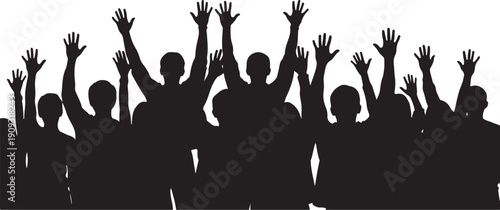 Silhouette of a crowd of people raising their hands