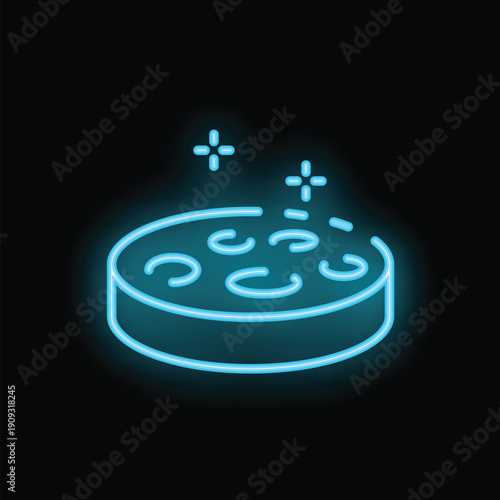 Blue neon sign illustrating delicious salami pizza with mushrooms on black background