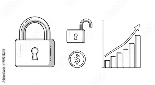 Financial Security and Growth: Lock, Unlocked Padlock, Dollar Coin, and Upward Bar Chart