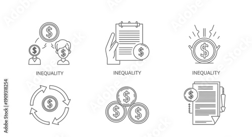 Financial Inequality Icons: Money, People, Documents, and Cycles