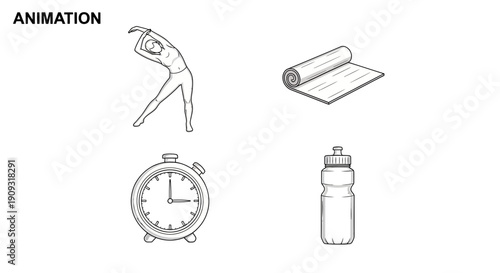 Fitness and Wellness Icons: Stretching, Yoga Mat, Alarm Clock, Water Bottle