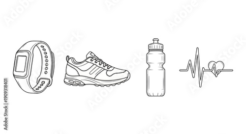 Fitness Icons: Smartwatch, Running Shoe, Water Bottle, Heartbeat - Health and Sport Concept