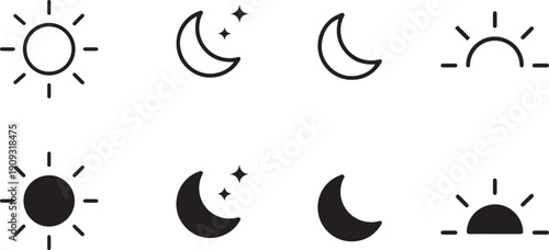Sun and moon icon set for dark and light mode, day, night, sunset vector symbols