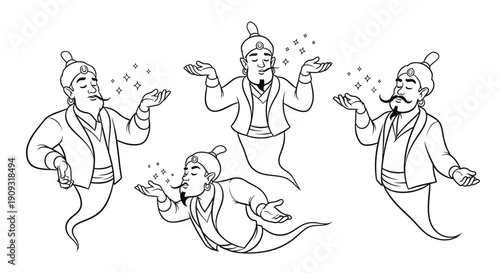Four Genies Conjuring Magic Sparkles, Black and White Illustration