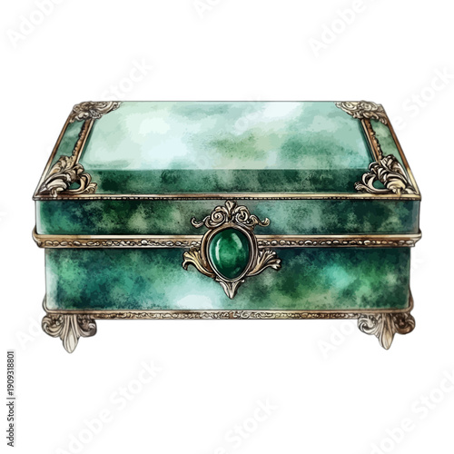 Vintage Ornate Emerald Green Jewelry Box with Gold Filigree Accents