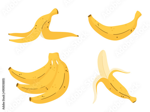 Vector set of hand-drawn yellow bananas isolated on white background. Flat cartoon style illustration featuring single whole banana, bunch of fruit, peeled banana, and banana skin.