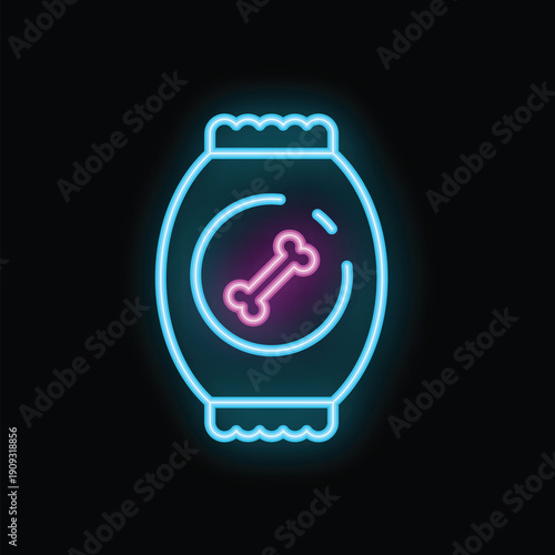Bright neon icon of a dog food bag glowing on a dark background, perfect for pet shop and animal care businesses
