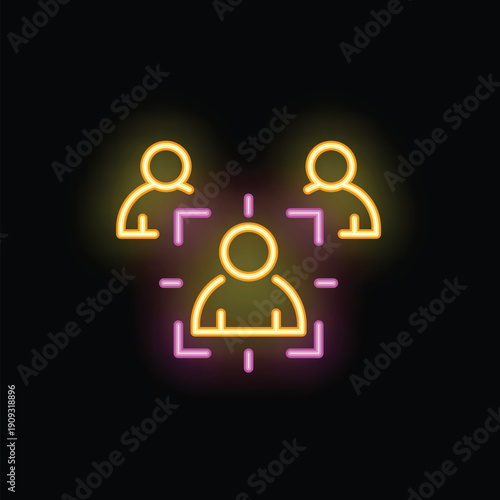 Neon icon of people targeting a person representing cyberbullying is glowing on a black background