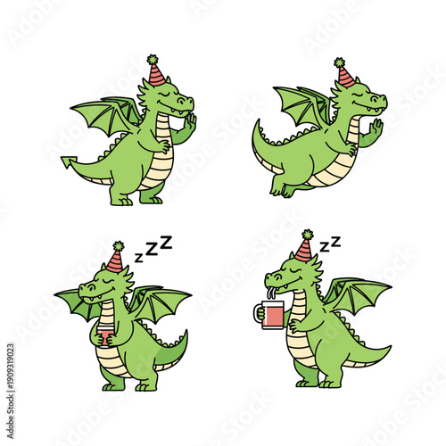 Cute cartoon dragons sleeping with party hats on a white background