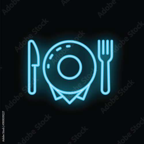 Neon sign showing plate with fork and knife representing restaurant and food related businesses