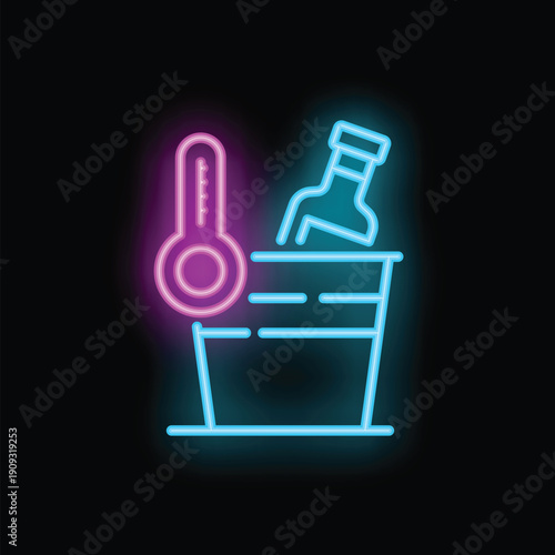 Bright neon icon of a bottle chilling in a bucket with a thermometer, representing cold drinks and summer refreshment