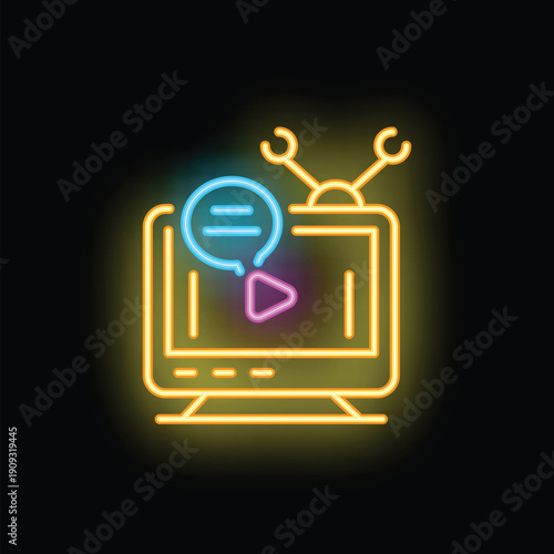 Neon icon of old fashioned tv with antenna, video play symbol and chat bubble, representing online communication