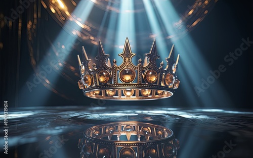 Regal Radiance: A majestic golden crown, illuminated by celestial light, embodies the essence of power, royalty, and historical significance.