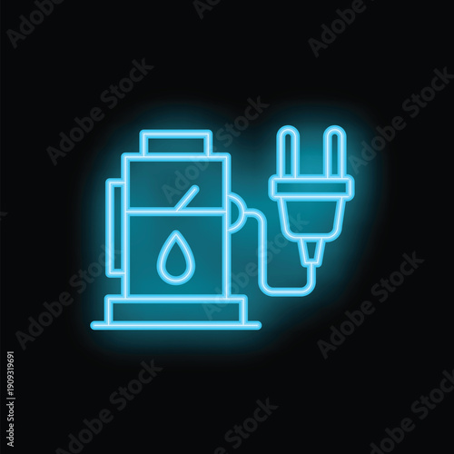 Neon sign of a gas station pump being plugged with an electric plug, representing electric car charging