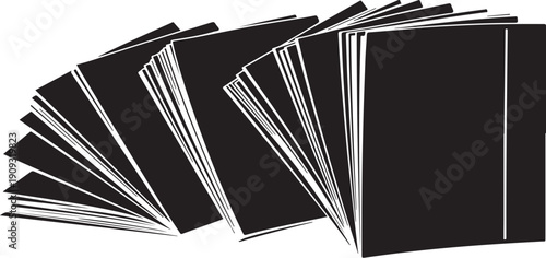 Collection of black notebooks with white pages arranged neatly
