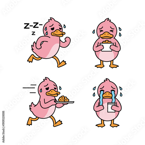 Cartoon duck experiencing sleep deprivation and morning routine in a humorous style