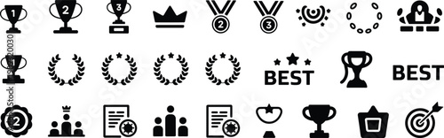 Award trophy and achievement icons collection featuring medals crowns laurels isolated on white background success competition vector illustration set