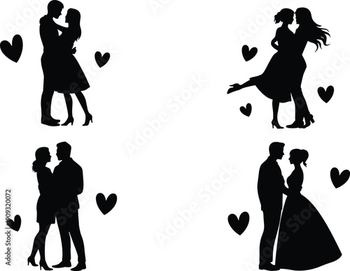 Romantic couples silhouettes illustration, embracing, lifting, tender moments, wedding gown scene, heart symbols artwork, love, Valentine’s Day, relationship concept