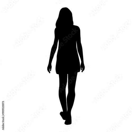 Silhouette of a walking young attractive slim woman, back view, vector image, black color, isolated on white background