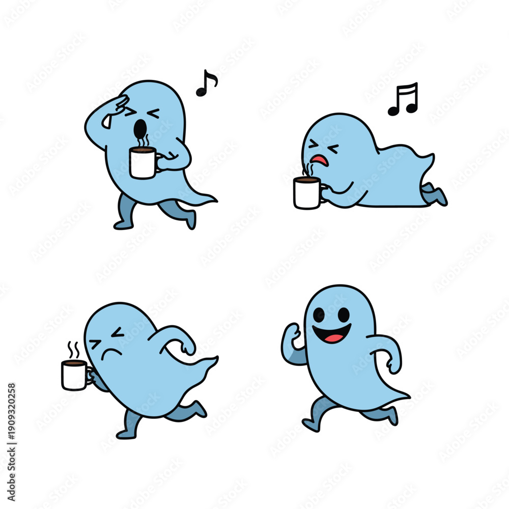 Obraz premium Cartoon ghost enjoying coffee in different emotional states with copy space