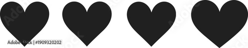 Black heart icons collection showing love symbols, romantic shapes, simple flat design silhouettes isolated on white background illustration